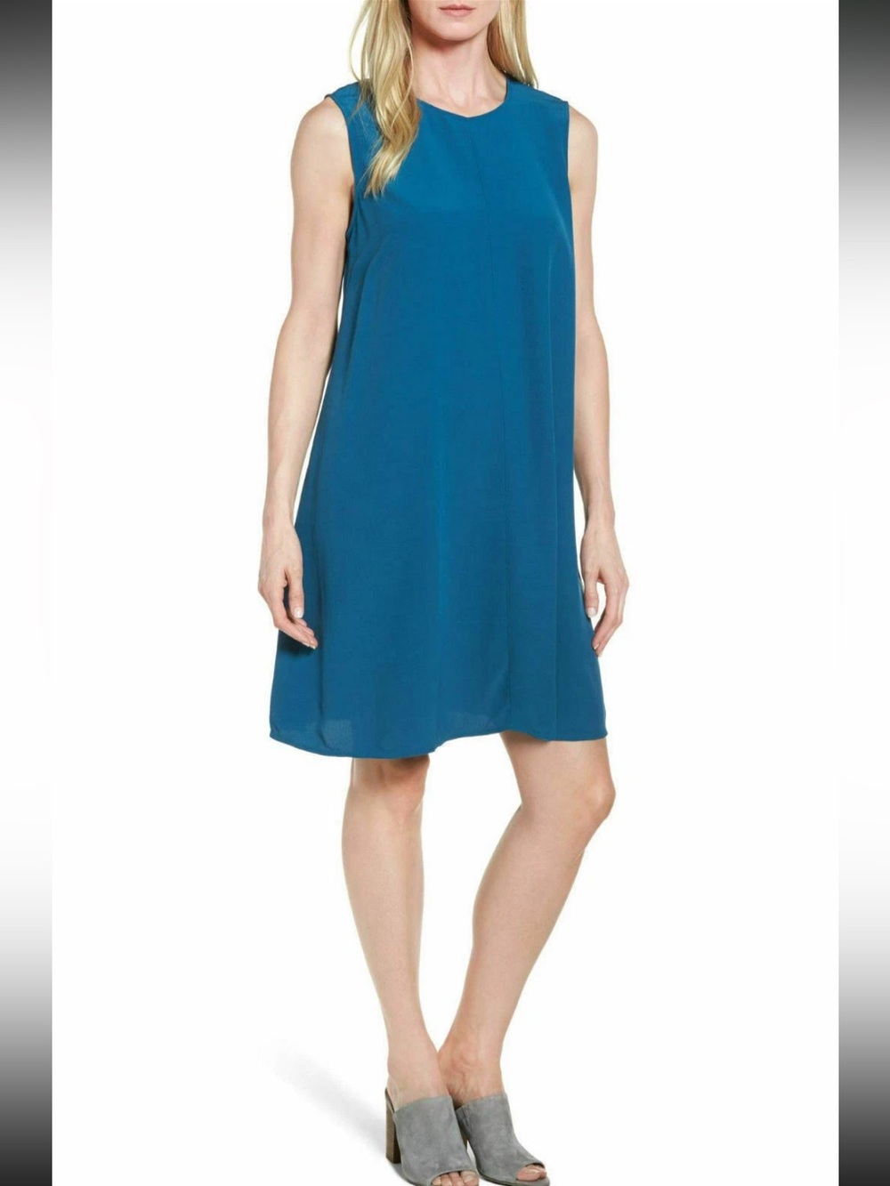 Eileen Fisher Tencel Blend A-line Sleeveless Shift Dress in Nile Blue M Medium